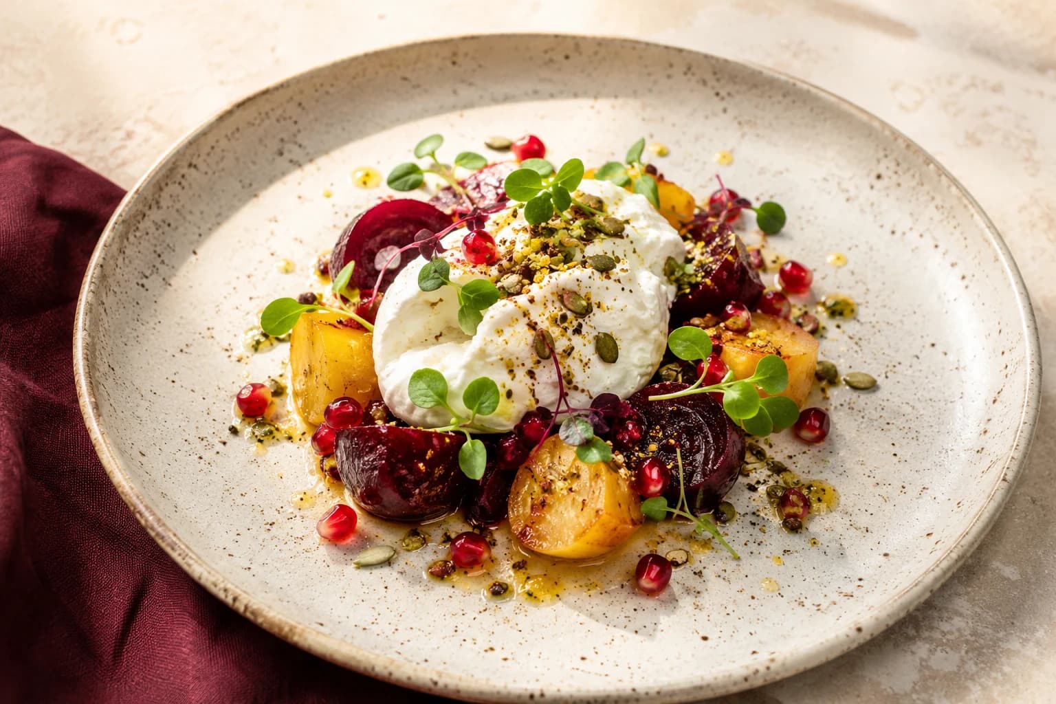 Roasted beetroot and burrata fine-dining plate