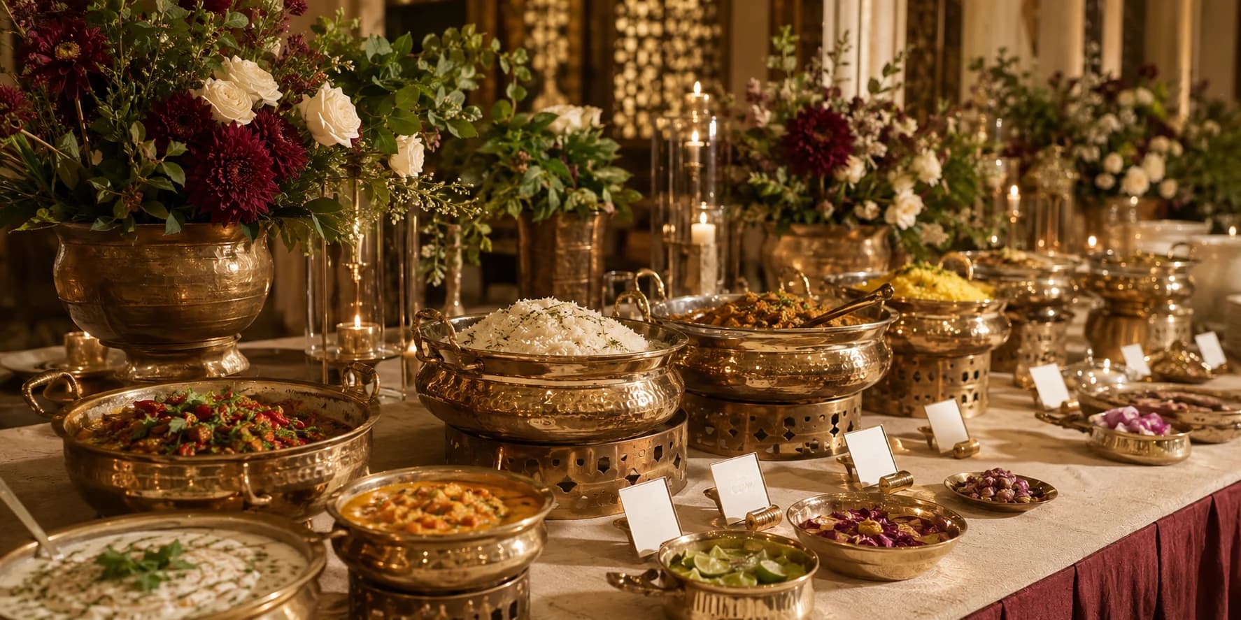 Luxury Indian buffet with brass serving vessels and flowers