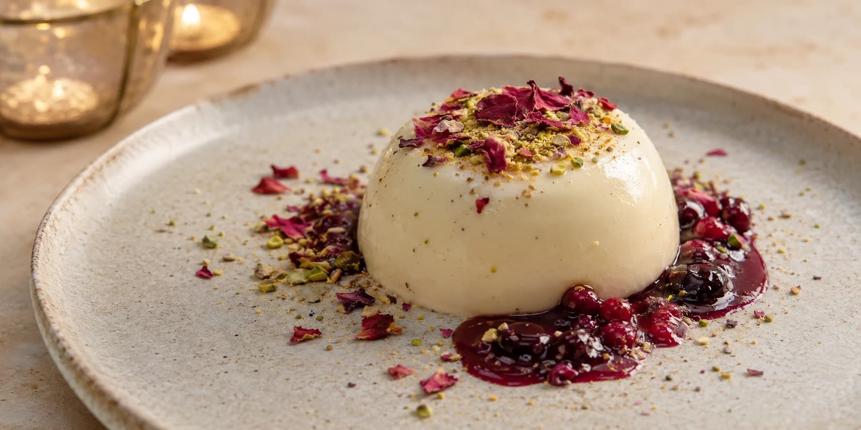 Cardamom panna cotta with rose petals and pistachio