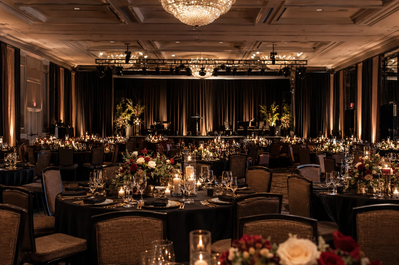 Luxury corporate gala with candlelit tables and a central stage