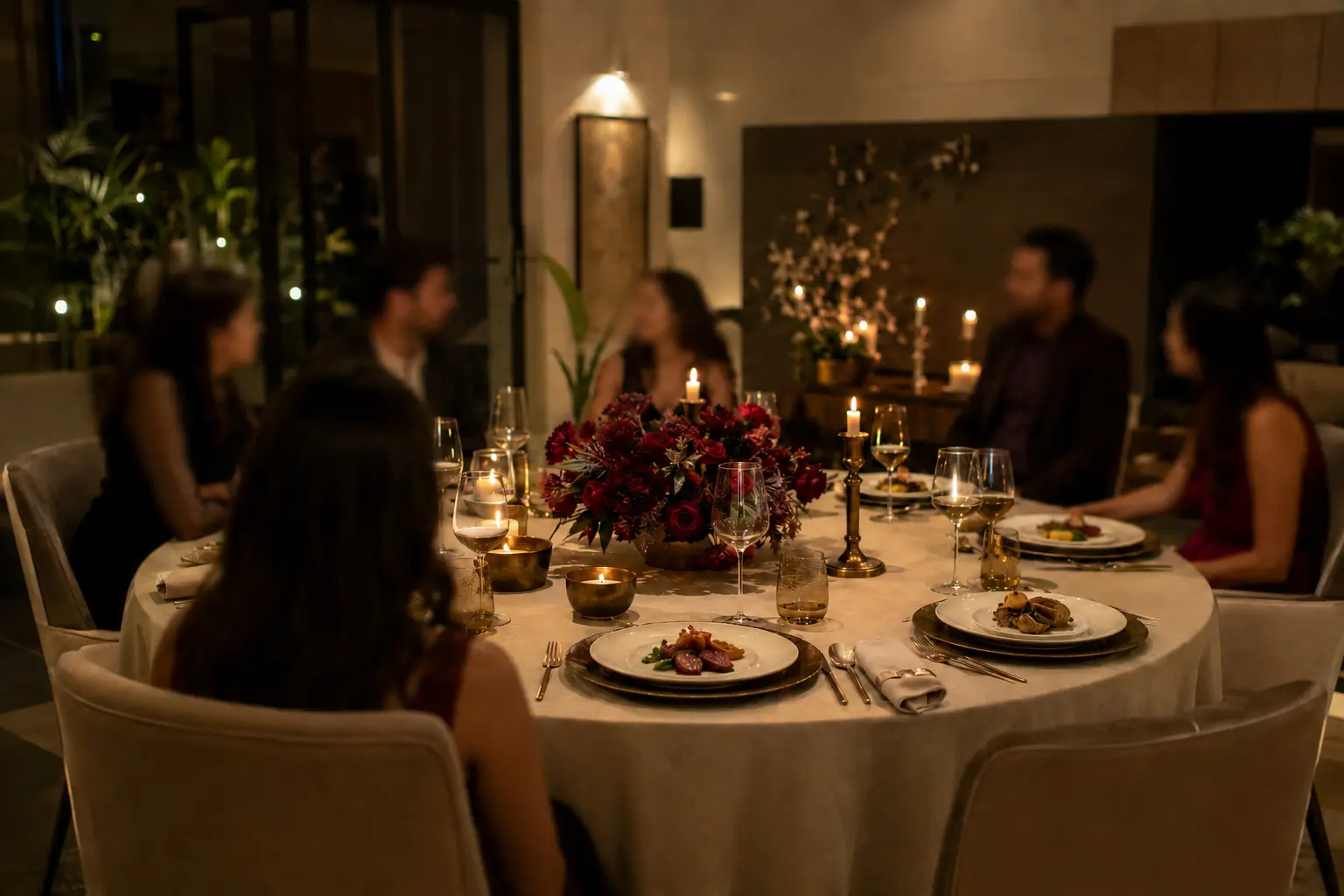 Intimate private dinner set with flowers and candlelight