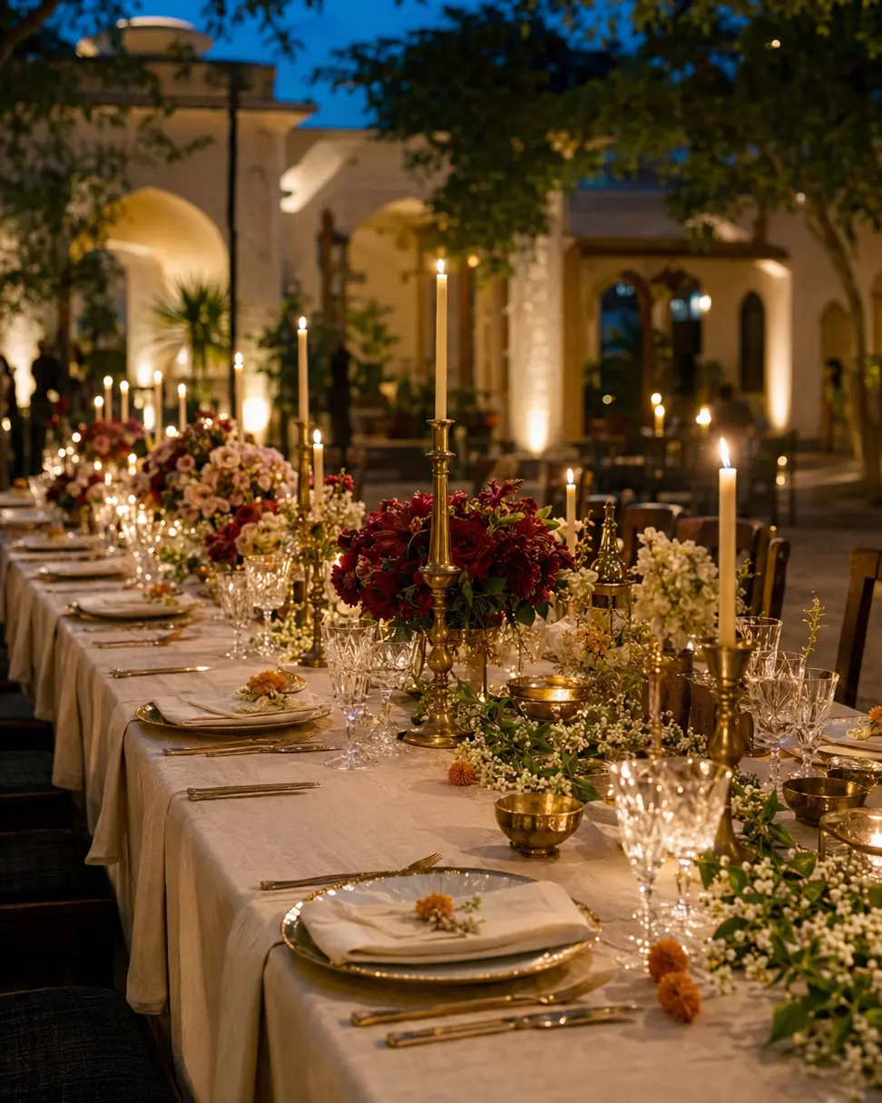 Candlelit wedding table with ivory linen and deep red florals